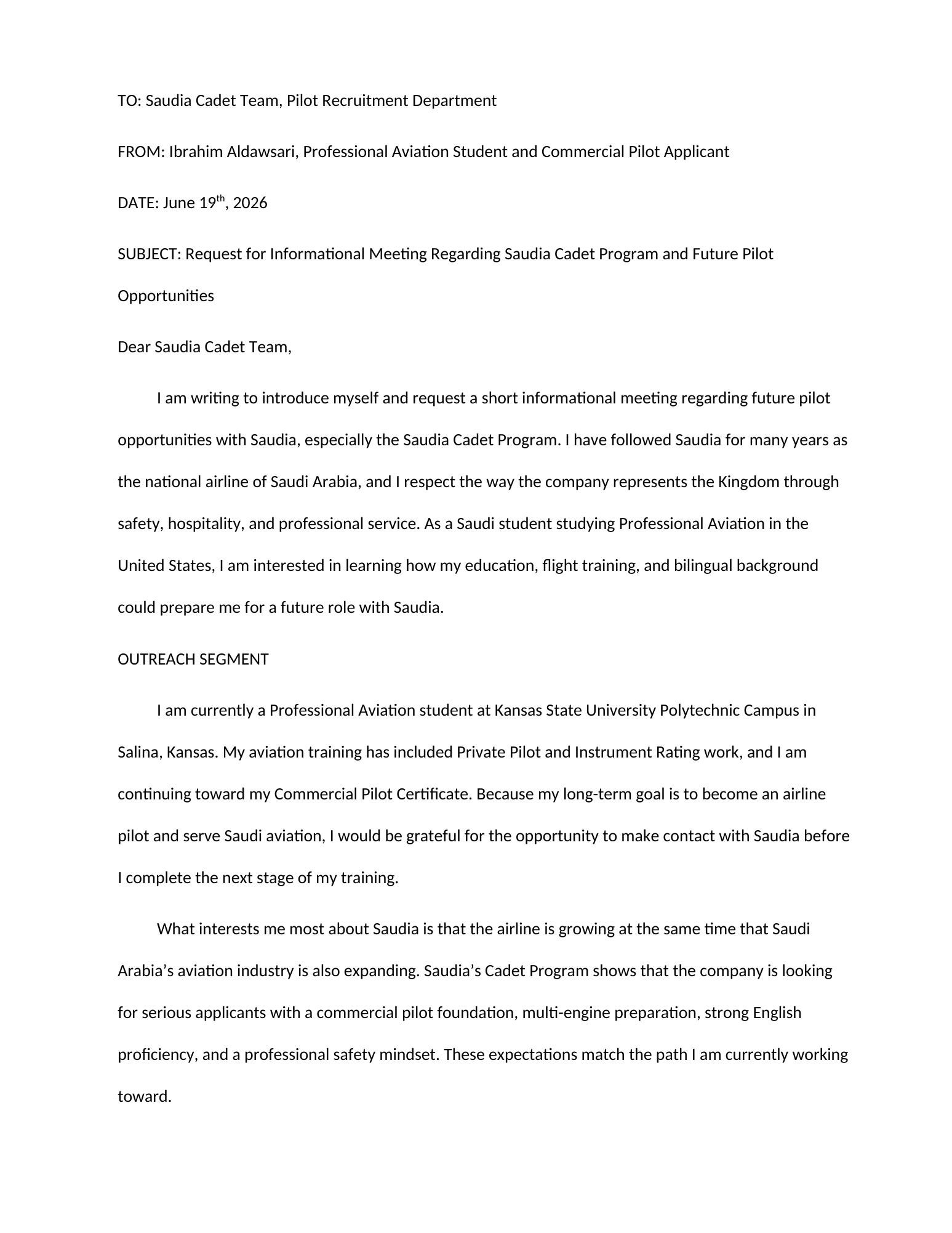 First page of the Saudia outreach memo