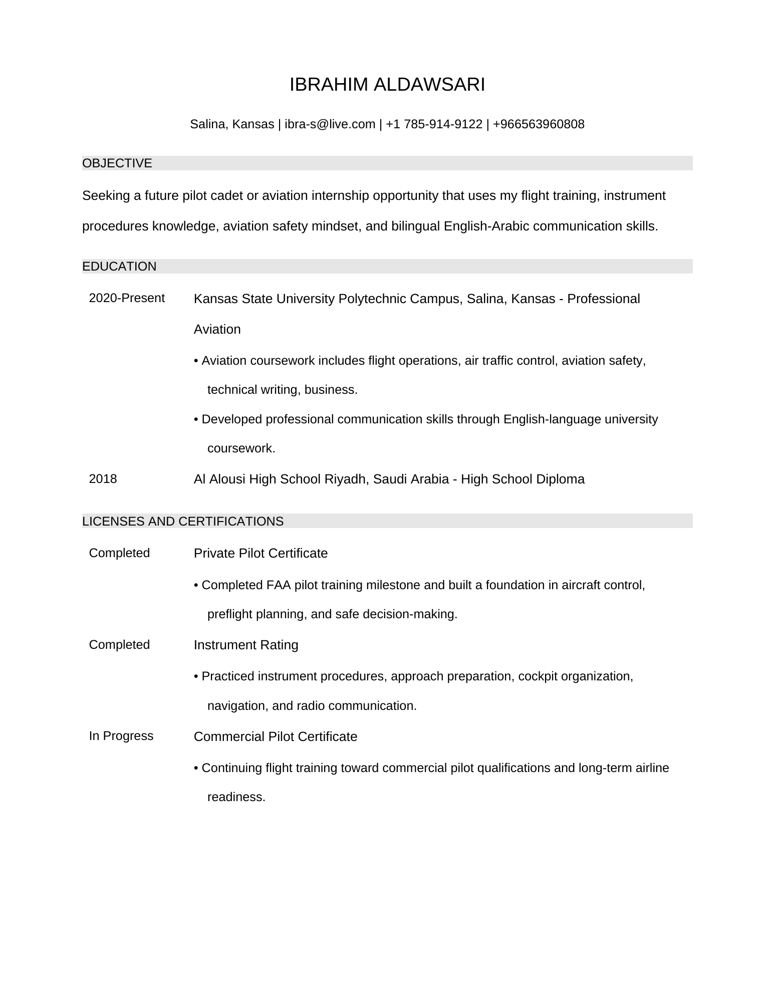 Two-column aviation resume